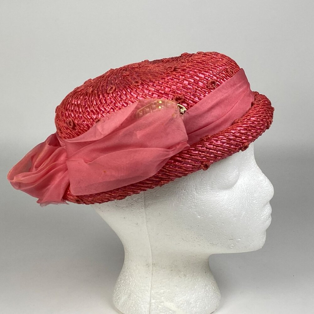 Vintage Lazarus Paris Pink Straw Raffia Hat Sheer Ribbon & Bow Accent Millinery